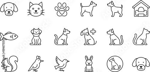 Pet Animals Icons Set Vector Outline Graphic Dog Cat Paw Print Bird Fish Rabbit Squirrel Domestic Animals Veterinary Clinic Service Store Design