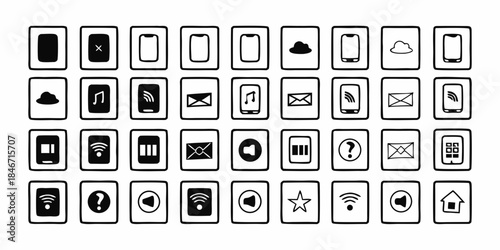 Modern interface design elements comprehensive technology symbols. Vector icons for mobile apps, web UI/UX, communication, media, cloud, and network functions