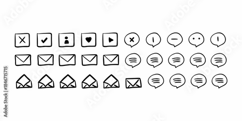 Collection of Hand-Drawn Icons for Digital Communication and User Interface Elements