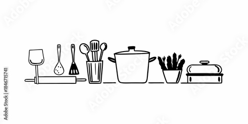 A detailed collection of essential kitchen utensils and cookware presented in a minimalist line art style, perfect for culinary and cooking-related design projects and branding