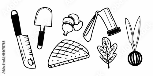 A collection of hand-drawn line art illustrations featuring kitchen utensils, food items, and plant elements