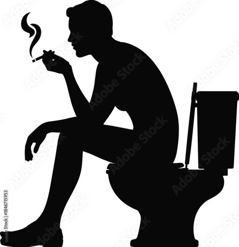 Conceptual Black Silhouette Vector Illustration of a Person Sitting on a Toilet Smoking a Cigarette, Representing Addiction or Bathroom Break Privacy