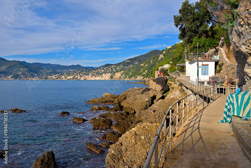 Panoramic view of Camogli and Punta Chiappa, in Liguria, Italy