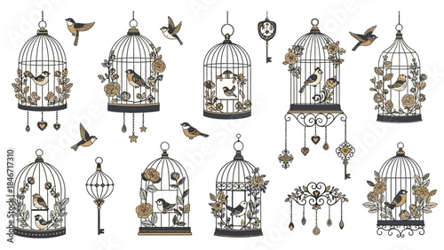Elegant Folk Birdcage Motif Vector Wedding Invitation Elements