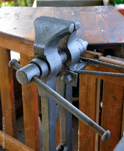 carpenter's vice, on a workbench at Punta Chiappa, Camogli, Liguria, Italy
