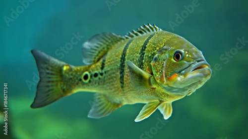 A detailed close-up shot captures a vibrant green peacock bass swimming gracefully, highlighting its black stripes and ocellus spot against a tranquil teal background.