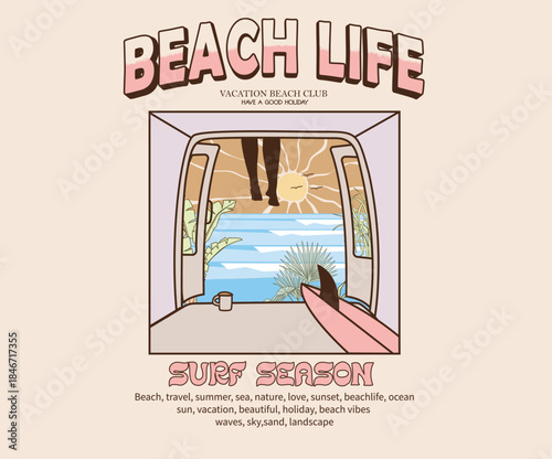 Beach bus camping design. Summer good day. Enjoy beach life. Summer vibes artwork. Beach club. Endless summer artwork. Tropical vintage design. Surfing club artwork.