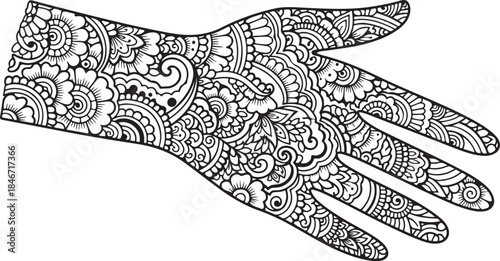 Illustration of detailed henna mehndi designs on hand and peacock feather in black and white
