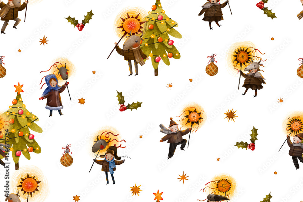 Obraz premium Christmas seamless pattern with Ukrainian kids and christian lighting star, spruce, new year. Watercolor hand drawn background.for winter holidays. Malanka Kolyadka and carolers sing carols