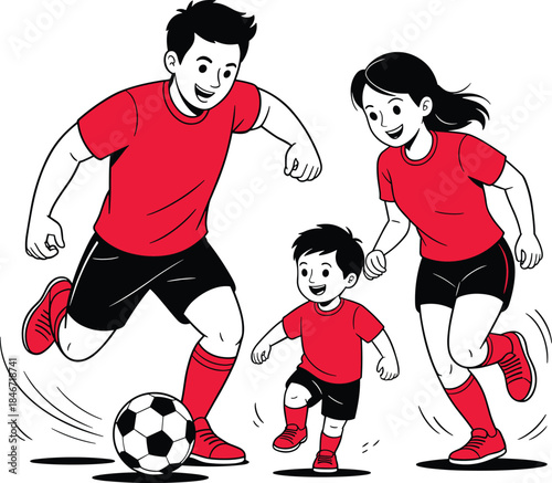Happy family playing soccer together, parents and child outdoor activity, healthy lifestyle concept, teamwork, bonding time, flat cartoon illustration