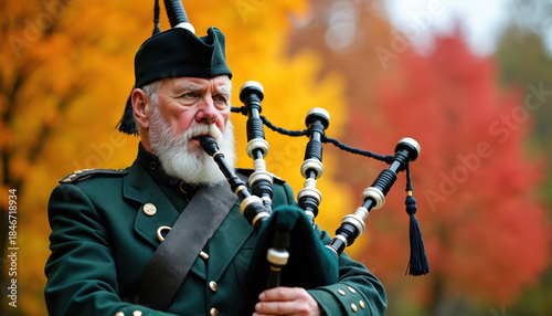 Elderly man wears green Scottish uniform plays bagpipes outdoors. He has white beard and cap. Autumn trees with red yellow leaves create a colorful background scene.