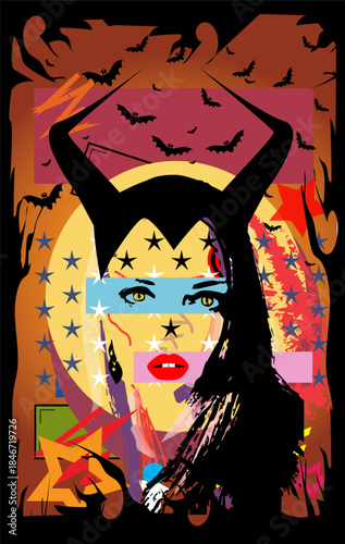 Horror witch, sexy girl with horns and moonlight