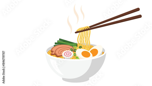 A steaming bowl of ramen with noodles, half an egg, pork, green onions, and narutomaki is ready to be enjoyed.