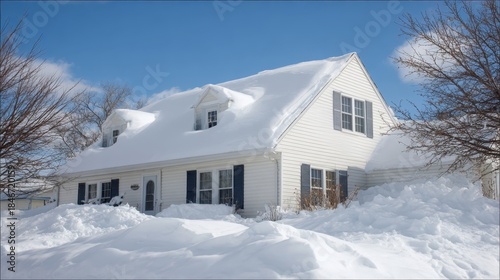 Residential house covered in significant snow on its roof and around the yard, forming large snowdrifts from heavy winter weather under a clear blue sky