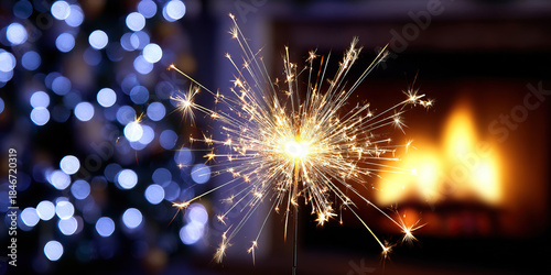 Lit sparkler in sharp focus with blurred fireplace and blue bokeh lights in background creating warm festive atmosphere full of joy and celebration