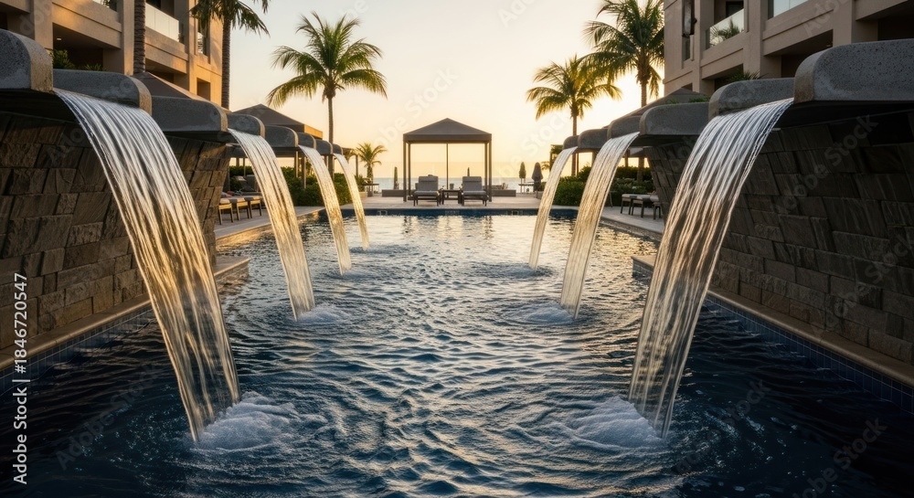 Fototapeta premium Golden hour at a tropical resort pool with many waterfalls