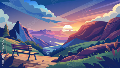 Very beautiful quiet mountain overlook featuring a solitary park bench, expansive valley view, soft sky tones, and reflective atmosphere illustrated in minimalist vector style.