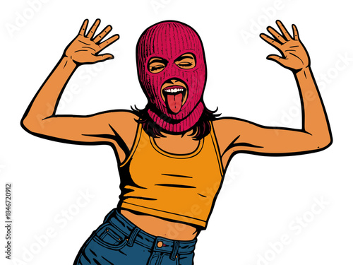 woman in a pink balaclava, making a silly face and posing with hands up. Generative ai vector colorful pop art illustration.
