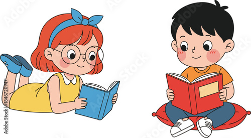 Vector illustration of cartoon children reading—symbols for literacy, learning habits, educational activity, quiet time, and character study reference design