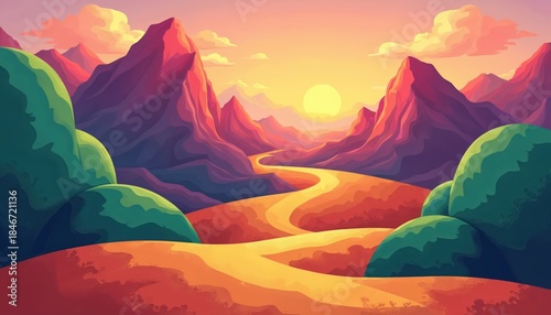 Stylized mountain path winding towards sunset or sunrise. Colorful peaks and hills create a vibrant landscape scene. Warm hues dominate this abstract, painterly panorama.