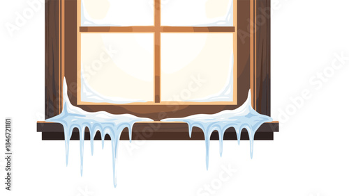 Icy window with dripping icicles suggests a cold winter day and potential issues with insulation or condensation.