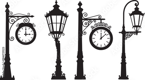 Collection of four ornate vintage street lamps with clocks silhouette
