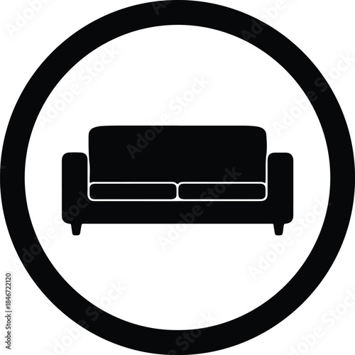 Vector Minimalist modern two seater sofa furniture icon in circular frame silhouette Illustration