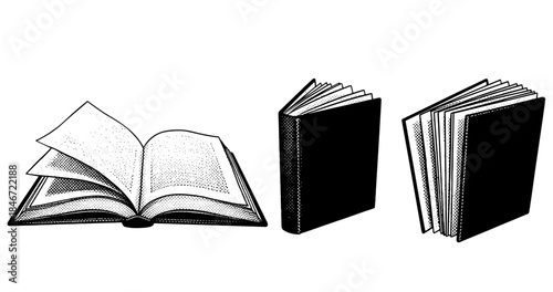 Vintage style black and white book illustrations with open and closed books