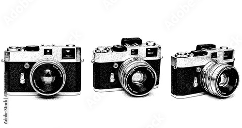 Trio of vintage style rangefinder cameras in black and white