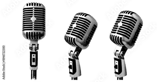 Vintage microphones in halftone style with classic design