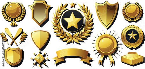 A diverse collection of golden shields, medals, and laurel wreaths symbolizing victory and achievement