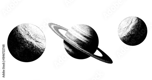 Halftone style space illustration featuring planets and rings with textured surfaces