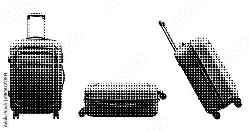 Stylized black and white luggage suitcase in various positions on white background