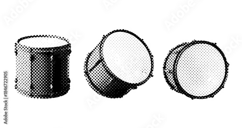 Halftone drum pattern: trio of stylized percussion instruments