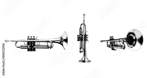 Abstract halftone trumpet illustration in side and front views