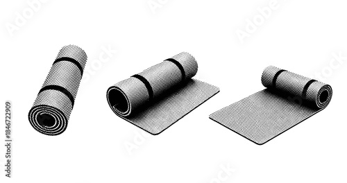 Monochrome yoga mats set: rolled and unrolled variations in black and white