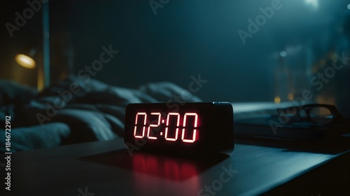Midnight alarm clock on bedside table in dark room