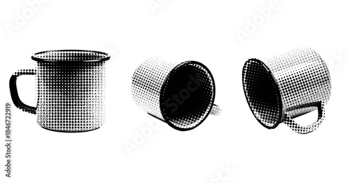 Halftone style: three perspectives of a metal mug on white background