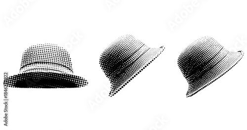 Vintage halftone style hats collection in black and white design