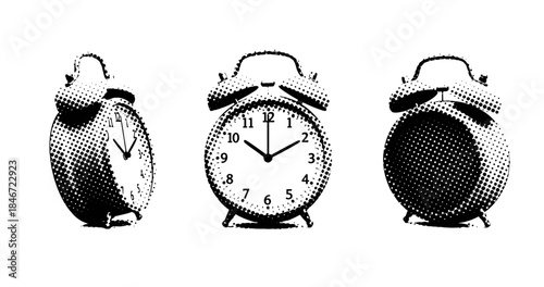 Vintage alarm clocks in black and white dot style illustration