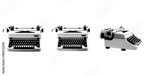 Retro black and white typewriter trio with halftone effect