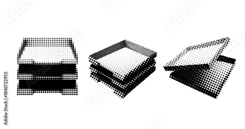 Halftone style stacks of paper trays and boxes in black and white design