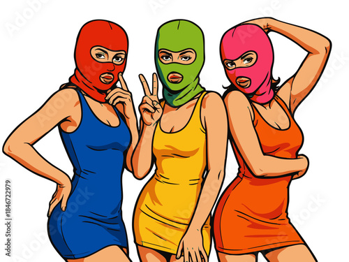 women wearing colorful balaclavas and tight dresses, striking bold and playful poses together. Generative ai vector colorful pop art illustration.