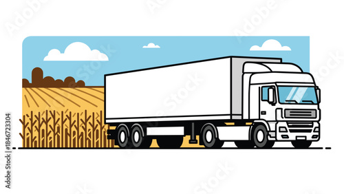 Large semi-truck transports goods through a rural landscape with fields of crops and a bright blue sky.