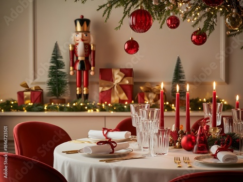 Elegant Christmas Dining Table Setup with Festive Decor, Candles and Holiday Atmosphere