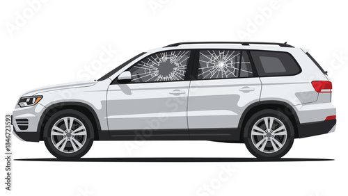 White suv with a severely cracked windshield shows damage from an accident or impact, highlighting vehicle repair needs.