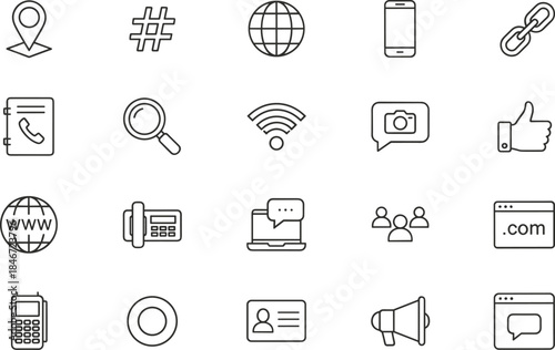 Comprehensive Collection of Thin Line Social Media Icons Featuring Global Networking Location Pins Search Tools Wireless Connection Symbols and Digital Communication Elements for UI Design