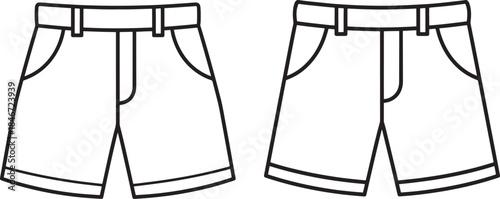 Two views of outline drawing of casual shorts for men or boys