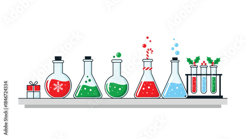 Festive chemistry setup with colorful liquids in beakers and test tubes creates a whimsical holiday laboratory scene.
