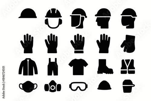 Silhouette icons of essential safety gear and apparel for protective work